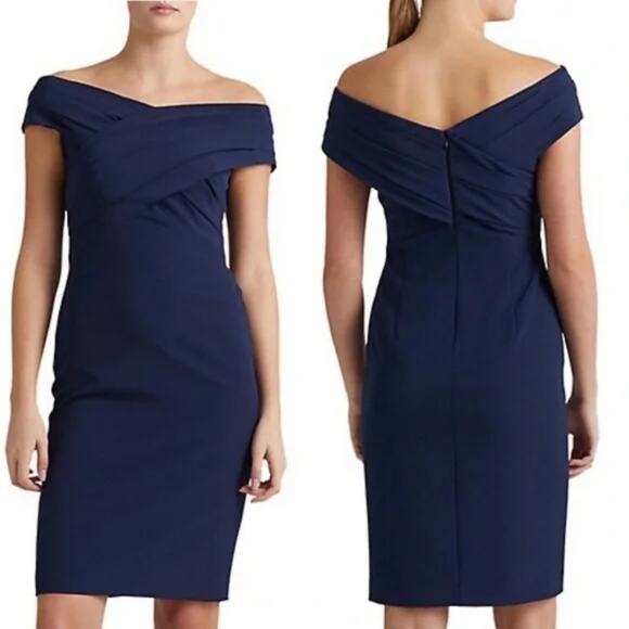 Lauren Ralph Lauren Crepe off the shoulder cocktail dress in navy blue size 16 - Picture 1 of 6